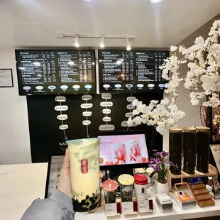 a counter with a variety of beauty products