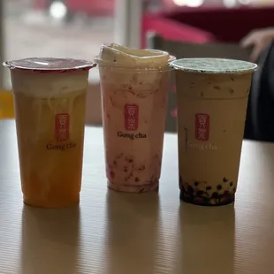 Mango Green Tea with Milk Foam, Strawberry Kanten Jelly Milk Tea with Milk Foam, &amp; Brown Sugar London Fog Milk Tea with Boba