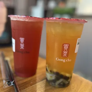 Strawberry tea and QQ passion fruit tea