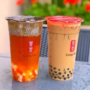 two cups of bubble tea on a table