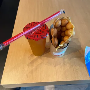 Bubble waffle and passion green tea