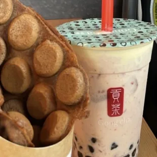 Chocolate waffles and Creme Brulee Strawberry Latte