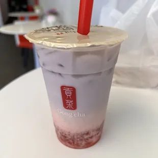 Strawberry taro with strawberry popping boba