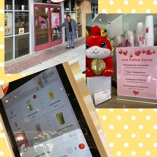 a picture of a storefront and a menu