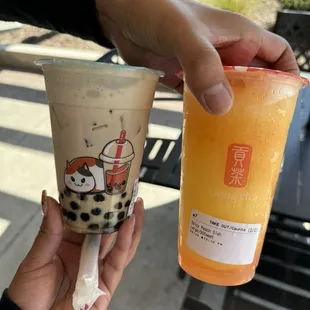 Pearl milk tea and spicy peach slush.