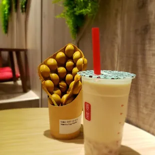 Matcha Egg Waffle and Green Milk Tea with (real) Taro Puree
