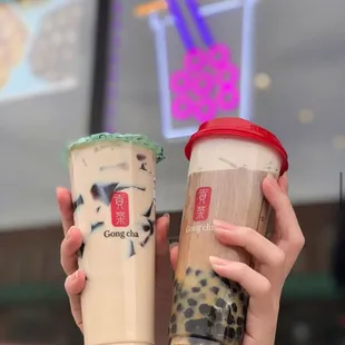 Left Earl Grey Milk Tea with Herb Jelly  
Right Dirty Brown Sugar Milk Tea with Pearl