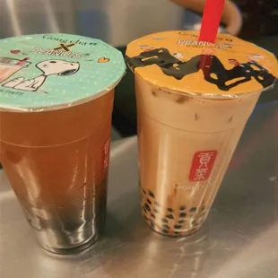 (Left) Lychee green tea w/ boba, (right) dirty brown sugar latte w/ boba.