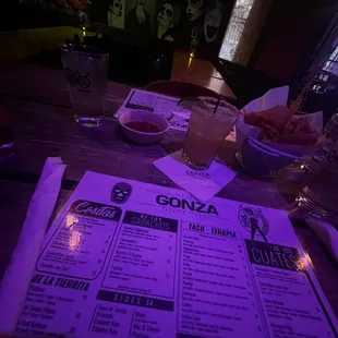 Menu, margarita, chips &amp; salsa