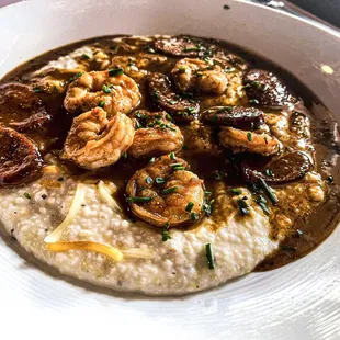 Carolina-style shrimp &amp; grits w/ low country red eye pan sauce.
