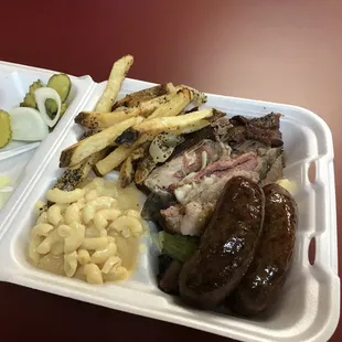 Brisket, Lamb Ribs, Sausage, Fries, Mac
