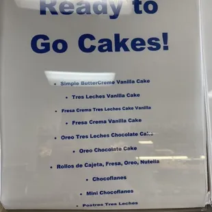 Menu of cakes that are ready to buy!