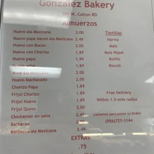 Menu for tacos, tortillas, and biscuits!