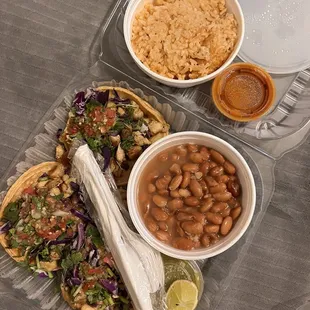 Tacos + beans and rice
