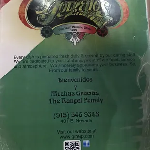 Menu Cover with back story.