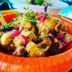 Moroccan Cauliflower Bites, sumac picked onions , Vadouvan Aioli , crispy chickpeas