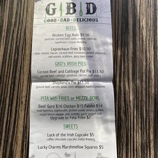 St. Patrick&apos;s Day Event Menu