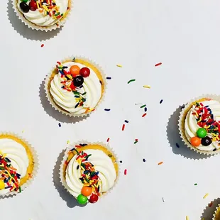 Zola's Surprise Cupcakes (funfetti cupcakes with sprinkle center, topped with vanilla buttercream, sprinkles, and candy)