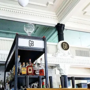 a bar with liquor bottles on the shelves