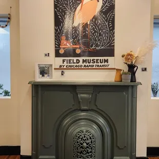 Cast iron(?) fireplace.