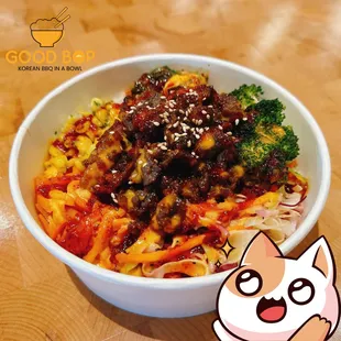 a bowl of noodles with meat and vegetables
