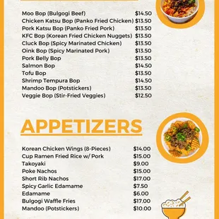 Bops and Appetizers Menu