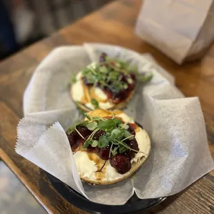Weekend Bagel Special: bourbon-cherry jam, cream cheese, aged-balsamic and basil
