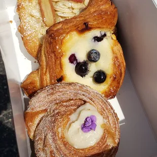 chai cruffin, almond rhubarb bostock, blueberry duchess