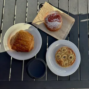 Pain au chocolate, coffee, banana butterscotch pastry