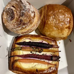 Morning bun, chocolate croissant, and heirloom carrot/ricotta danish