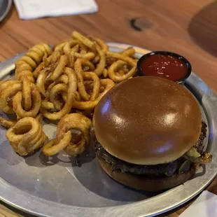 Bleu cheese burger with curly fries ($16)