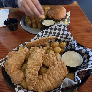 Smash Burger and Chicken Tendy Basket with Cajun Tots!