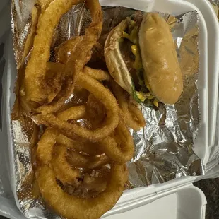Bacon cheese burger with onion rings