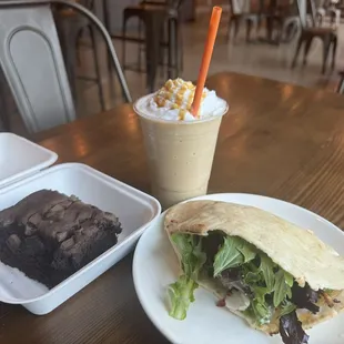 Chicken pita, salted caramel milkshake with a shot of espresso, and a brownie--all gluten and dairy free!