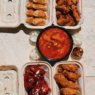 Kimchee Mandoo, Honey Shoyu, Garlic Chili, Tteokbokki and BBQ