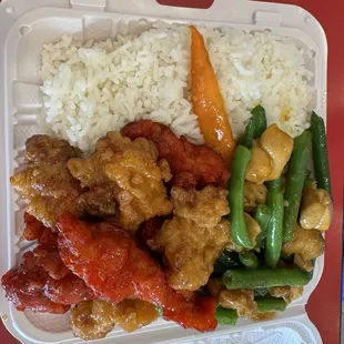 White rice, orange/tangerine chicken, string bean chicken