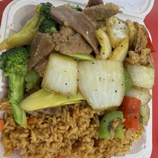 Fried rice, beef and broccoli, pepper chicken