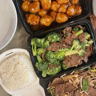 Vegan orange chicken, vegan beef broccoli, vegan chow fen with vegan beef requested (no charge), steamed white rice.