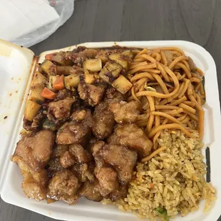 Orange chicken and kung pao chicken.