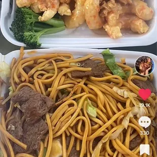 Screenshot of the TikTok featuring vegan chow mein with beef and vegan honey walnut shrimp