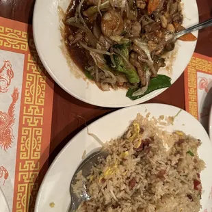 House chop suey and pork fried rice. Super good. Chicken egg rolls are excellent too