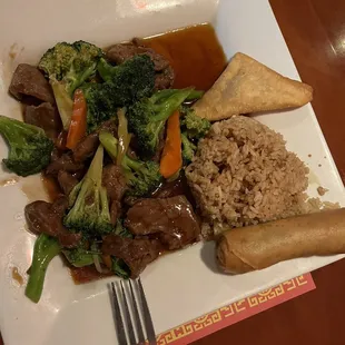 Broccoli Beef With Broccoli fried rice &amp; egg roll