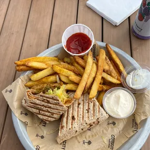 Falafel wrap with a side of Curry Fries