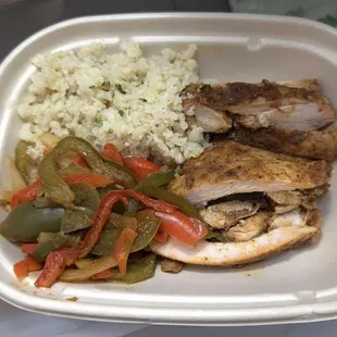 Chicken fajitas with cauliflower rice.