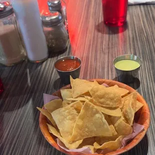 Chips and salsa. They decorated each table for Valentine&apos;s Day.