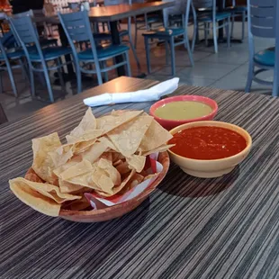 Chips and tooo hot salsa.