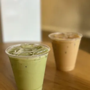Lavender matcha w/ 2% and iced latte 2% milk ($5.50 each) my friend helped me with the pic!