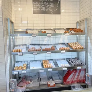 Yeast and cake donuts. Mini doughnuts and other specialty items are in a different case