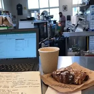 almond croissant and oat milk latte