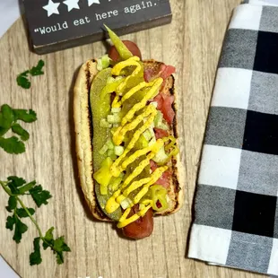 a hot dog with mustard and ketchup